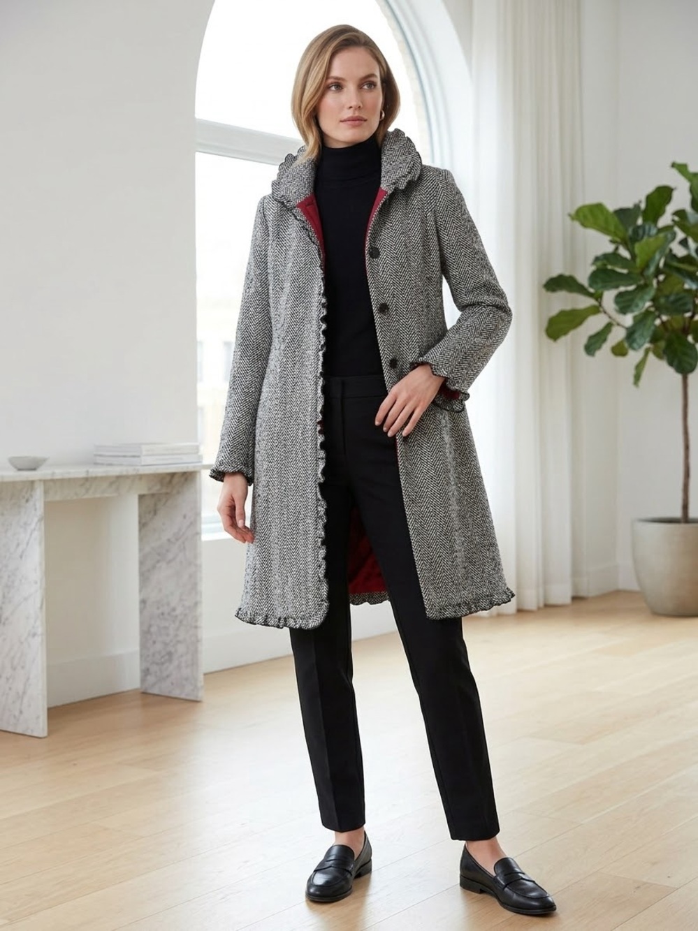 Larry Levine Gray Textured Trench Coat with Red Lining